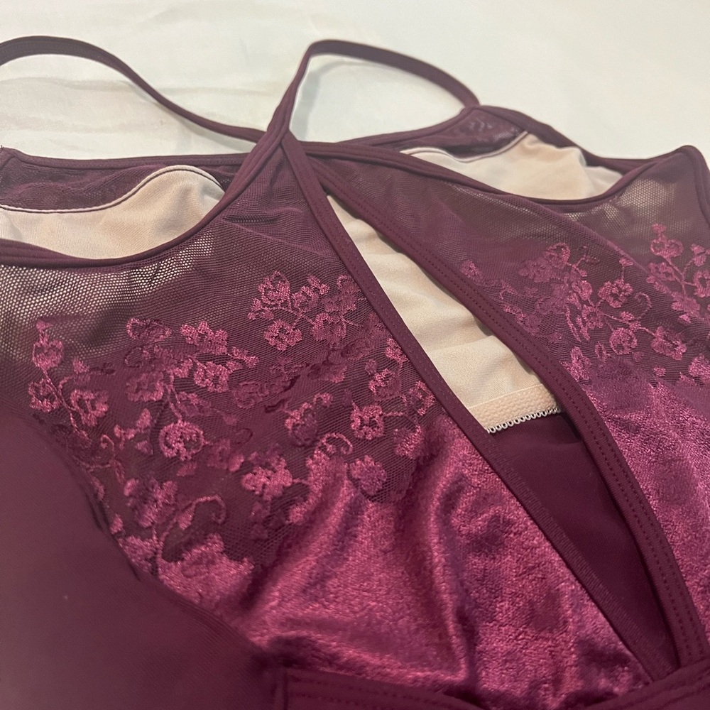 Bloch Women's X Back Leotard with Lace Floral Detail in Burgundy